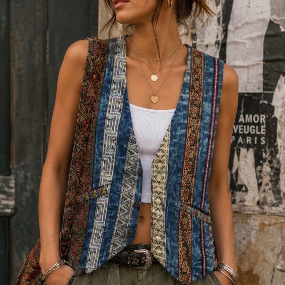 Vintage Denim Boho‎ Patchwork Striped Vest Sz S Pockets Metallic Aztec Western